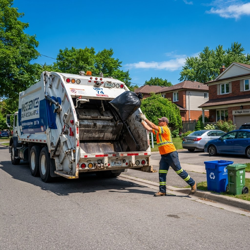 Circular Recycling worker loading a rubbish bag into a collection truck on a suburban street
